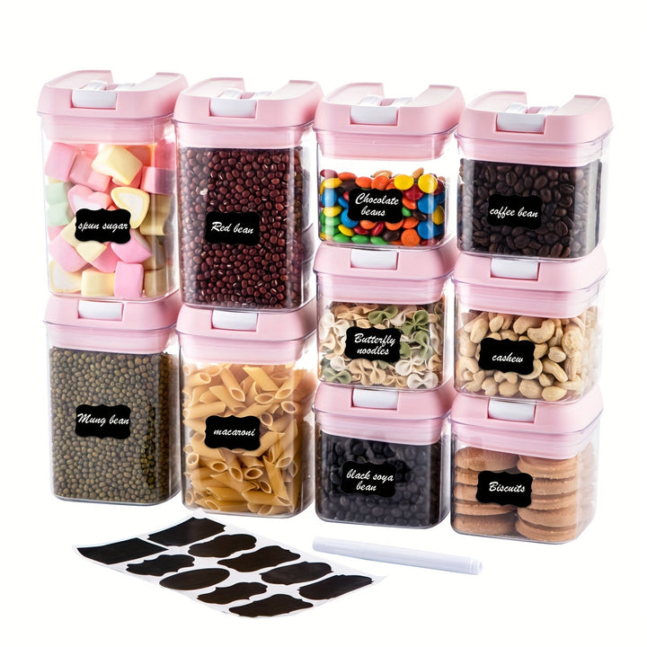Pink Airtight Food Storage Container Set-10 Piece BPA Free Clear Plastic Cereal Canisters with Easy Lock Lids-Kitchen & Pantry Organization Containers for Sugar, Flour, Cereal, Labels & Marker (SC001, SC002, SC003, SC004) - Total Trends Fusion