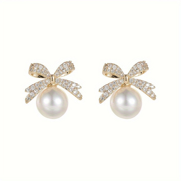 Chic Vintage-Inspired Bow & Faux Pearl Stud Earrings with Sparkling Rhinestones - Perfect for Parties & Festivals - Total Trends Fusion