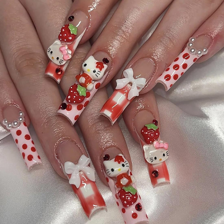 24Pcs Pink Coffin Nails Press on Nails Long Coffin Fake Nails with 3D Heart Pearl Star Nail Charms Design Nail Gems Diamond Pink Acrylic Nails Supply Full Cover False Nails Stick on Nails for Women