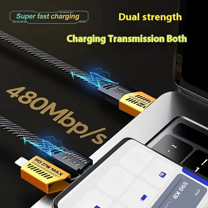 A 47.24-inch yellow mech shell data cable, one cable with 4 types of interfaces, suitable for most charging devices, safe, stable, and efficient. - Total Trends Fusion