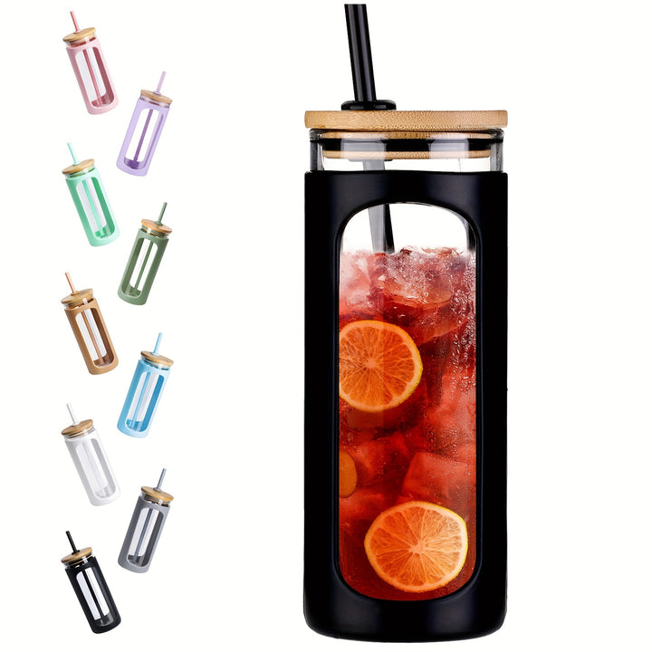MUKOKO 20oz Glass Water Tumble With Straw And Lid, Bamboo Lids Water Bottle, Iced Coffee Cup Reusable, Wide Mouth Smoothie Cups, Straw Silicone Protective Sleeve BPA FREE - Total Trends Fusion