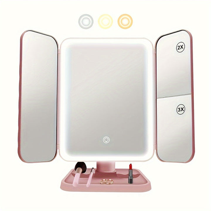 Makeup Mirror with 78 LED Lights, Two Power Supply Modes, Adjustable Touch Screen and 1x/2x/3x Magnification Tri-Fold Vanity Mirror, Gift for Women-pink - Total Trends Fusion
