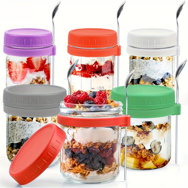 Overnight Oats Containers with Lid and Spoon, 16 oz & 10 oz Glass Mason Overnight Oats Jars, 3 Large & 3 Small Family Sharing, Airtight Jars for Salad, Cereal, Fruit (6 Pack) - Total Trends Fusion