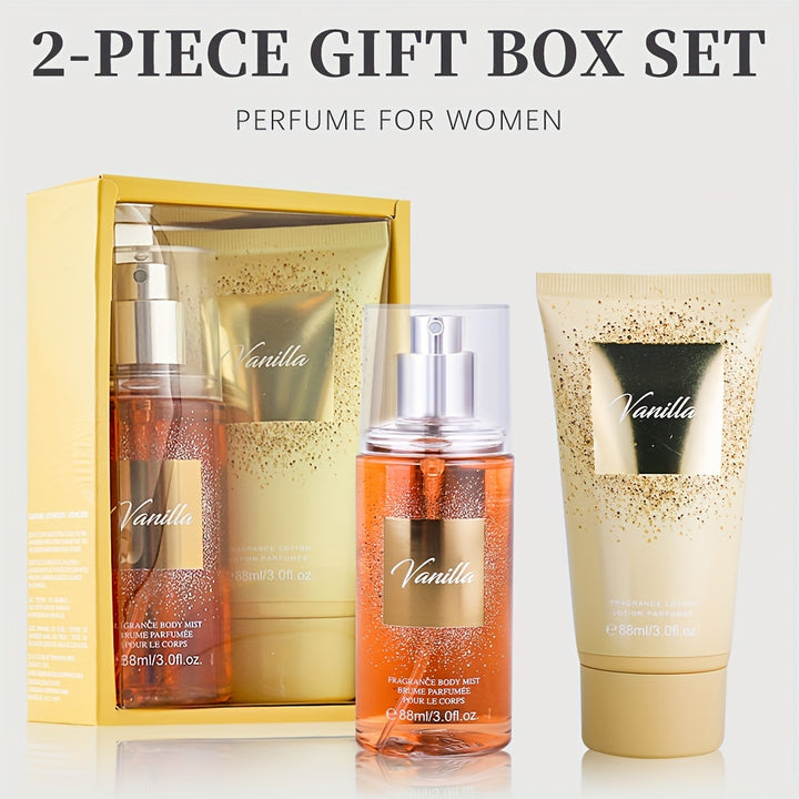 2-Piece Set, Women's Body & Hair Fragrance Mist And Body Lotion Gift Box, Long Lasting Fragrance, Notes Of Vanilla Flavor, Perfect For Holiday Gifts, Dating, Daily Life, Parties, 3 Fl Oz Perfume, 3 Fl Oz Body Lotion