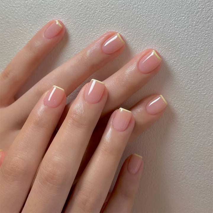 24Pcs/Set Short Fake Nails for Women Girls French Nude Square White Tips with Rhinestones Glitters Y2K Press on False Nail Art