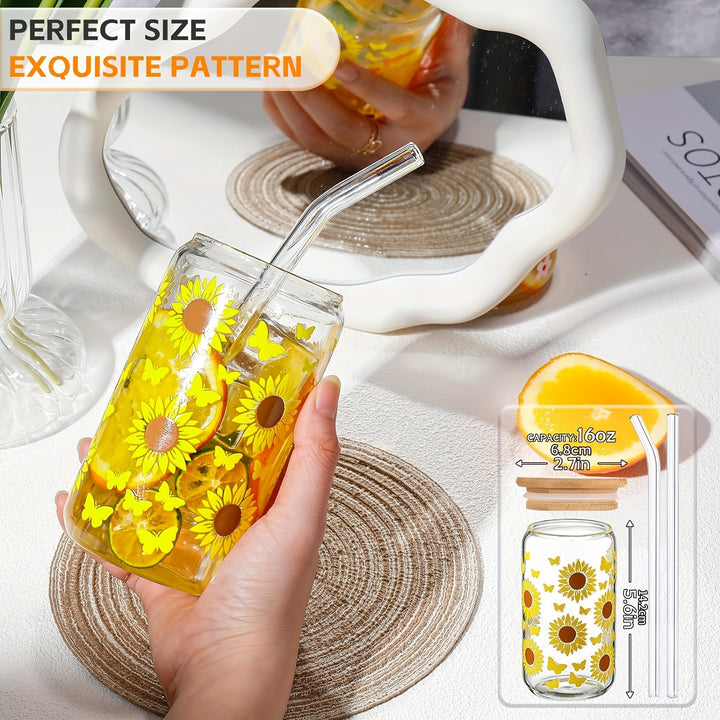 4PS Sunflower Printed Glass With Lid And Straw 16OZ Coffee Mugs, Drinking Mugs 4-Piece Set For Coffee, Milk Tea, Juice, Beer Mugs, Gift Mugs - Total Trends Fusion
