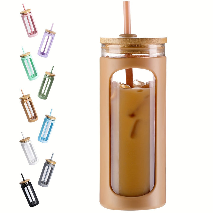 MUKOKO 20oz Glass Water Tumble With Straw And Lid, Bamboo Lids Water Bottle, Iced Coffee Cup Reusable, Wide Mouth Smoothie Cups, Straw Silicone Protective Sleeve BPA FREE - Total Trends Fusion
