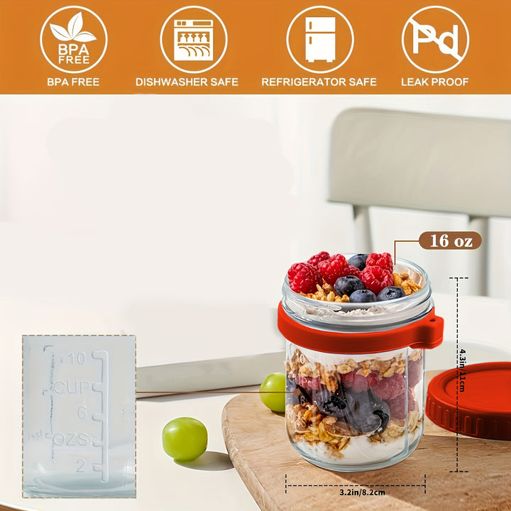 Overnight Oats Containers with Lid and Spoon, 16 oz & 10 oz Glass Mason Overnight Oats Jars, 3 Large & 3 Small Family Sharing, Airtight Jars for Salad, Cereal, Fruit (6 Pack) - Total Trends Fusion