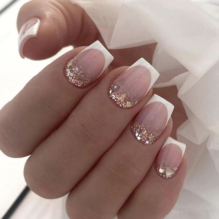 French Tip Press on Nails Short Square Fake Nails with Leopard Print French Bow Designs Nude Glue on Nails Press Ons Glossy False Nails Reusable Cute Stick on Nails for Women 24 Pcs