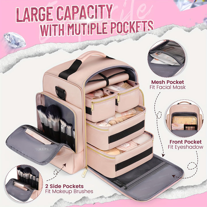 Large Travel Makeup Bag Organizer with 4 Removable Cases & 1 Jewelry Organizer Roll, Multiple Storage Pockets Cosmetic Bag Holds Toiletries/Skin Care/Hair Supplies/Brush, Gift For Women, Pink - Total Trends Fusion