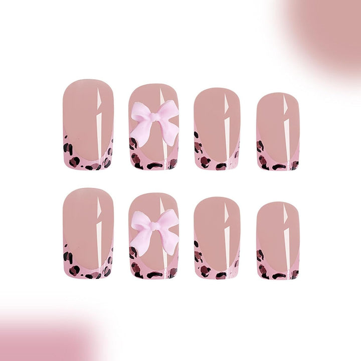 French Tip Press on Nails Short Square Fake Nails with Leopard Print French Bow Designs Nude Glue on Nails Press Ons Glossy False Nails Reusable Cute Stick on Nails for Women 24 Pcs