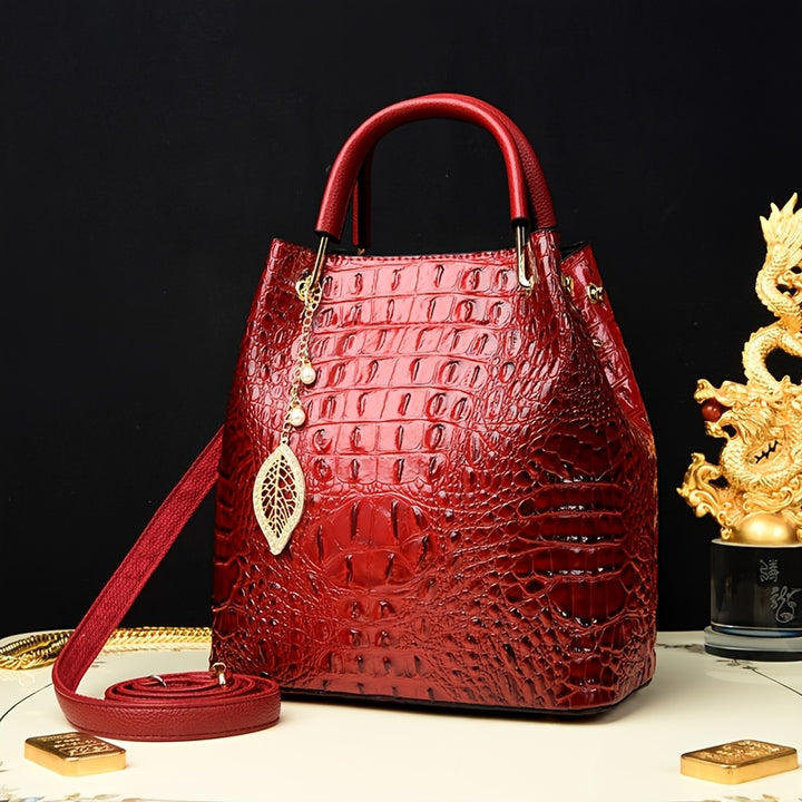"Minimalist Crocodile Pattern Bucket Bag | Large Capacity Shoulder Handbag"