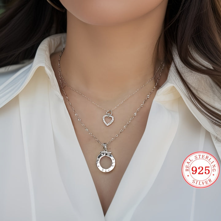 2pc Elegant 925 Sterling Silver Pendant Necklace Inlaid Shiny Adjustable Neck Chain Jewelry Decoration With Gift Box Valentine's Day Gift - Total Trends Fusion
