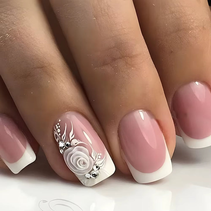 24Pcs/Set Short Fake Nails for Women Girls French Nude Square White Tips with Rhinestones Glitters Y2K Press on False Nail Art