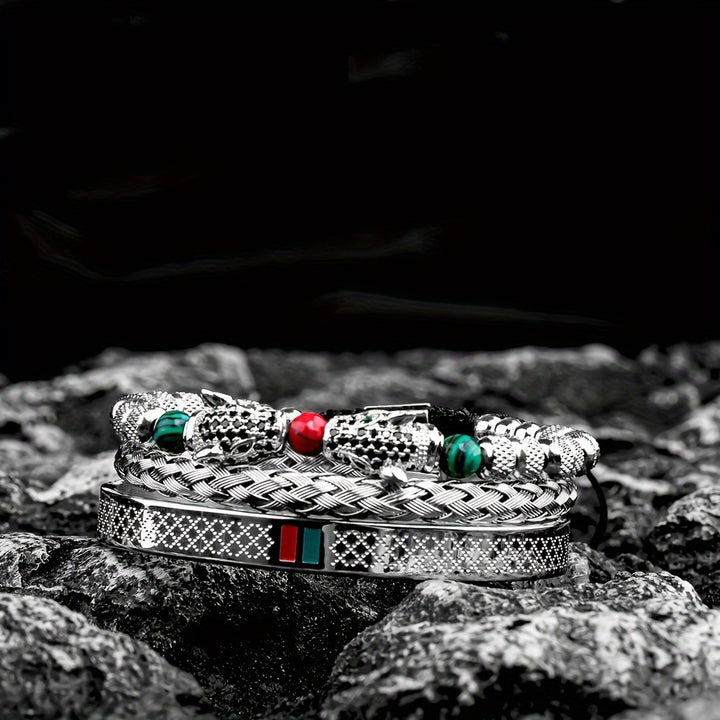 1pc Double Leopard Head Enamel Green Red Bracelet, Stainless Steel Bracelet Bangle, For Men Women - Total Trends Fusion