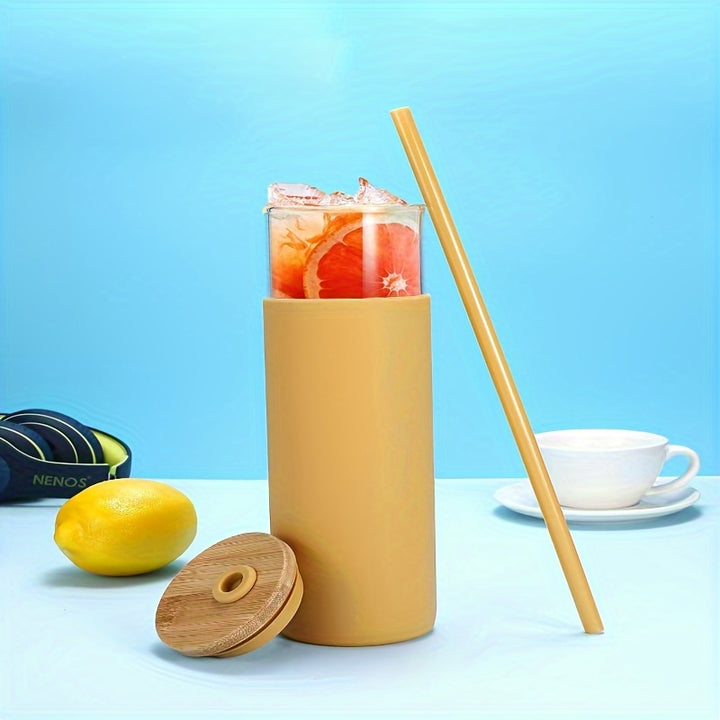 20 oz Glass Tumbler Glass Water Bottle Straw Silicone Protective Sleeve Bamboo Lid - BPA Free - Amber/ 8 Pack - Total Trends Fusion