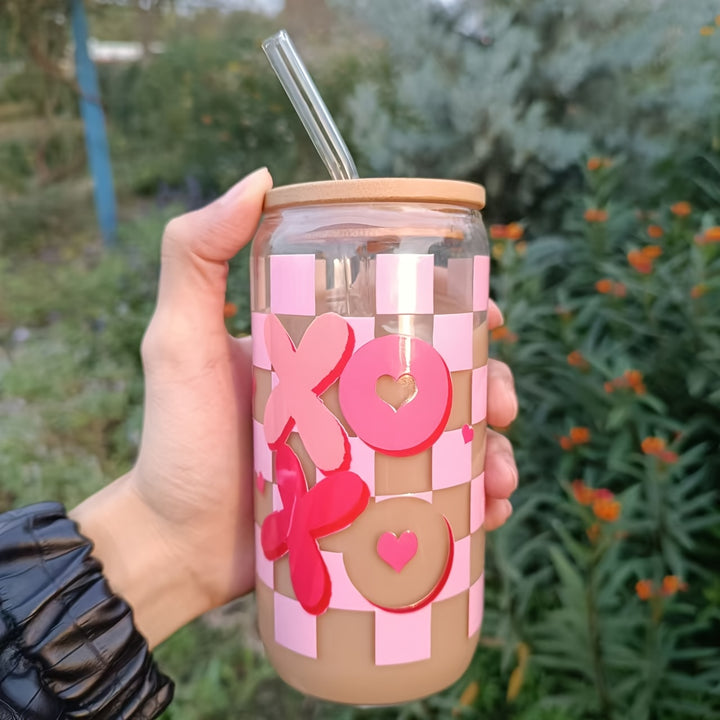 "XOXO 16oz Heart & Plaid Glass Cup | Reusable Valentine's Day Gift"