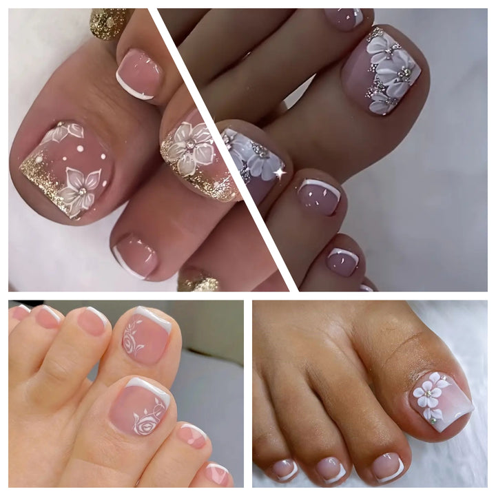 96 Pcs Short Square Toe Press On Nails Kit - Full Cover Fake Toenails with Flower Accents, Solid Pink Gradient French Tip Design, Easy to Apply Glue On Toe Nails for Women, Long-Lasting, Reusable, and Durable - Total Trends Fusion