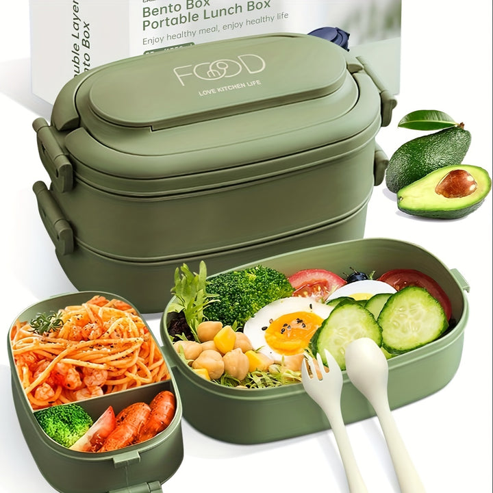 Bento Box Adults Lunch Box: Stackable Lunchbox w/Utensils, Leak-Proof Portable Lunch Container w/Divided Compartments, 1550ml Microwave Safe Lunch Box for Work, Outdoors - Total Trends Fusion