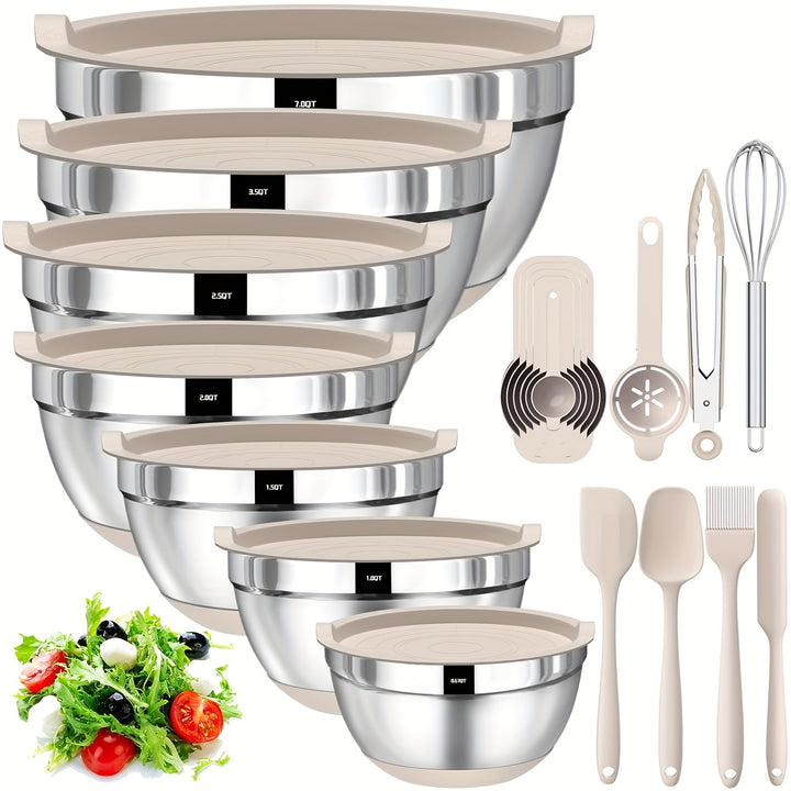 Bowls With Airtight Lids, 20 Piece Stainless Steel Metal Nesting Bowls, Non-Slip Colorful Silicone Bottom, Size 7, 3.5, 2.5, 2.0, 1.5, 1, 0.67QT, Great For Mixing, Baking, Serving - Total Trends Fusion