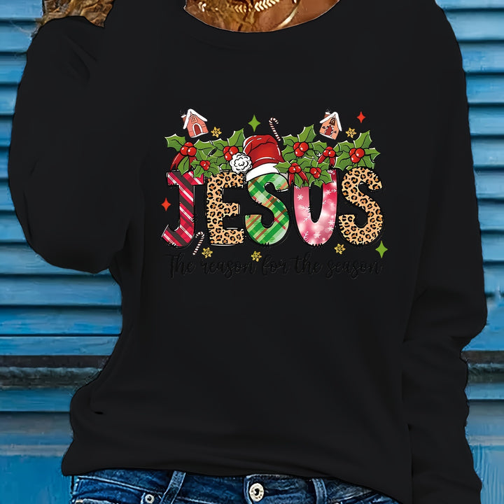 Women's Casual Long Sleeve T-Shirt, Round Neck, Polyester, Christmas "Jesus" Graphic, Leopard Print, Knit Fabric, Regular Fit, Pullover, All Seasons - Total Trends Fusion