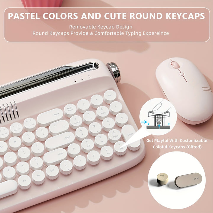 YUNZII B309 Pink Upgraded Wireless Retro Typewriter Style Keyboard, Integrated Stand, USB-C/BT Keyboard, Cute Round Keycaps & Volume Switching Knobs For Multi-Device, Compatible With Win/Mac/iOS/Android Multi-System - Total Trends Fusion