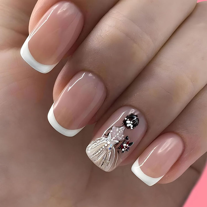 French Tip Press on Nails Short Square Fake Nails with Leopard Print French Bow Designs Nude Glue on Nails Press Ons Glossy False Nails Reusable Cute Stick on Nails for Women 24 Pcs