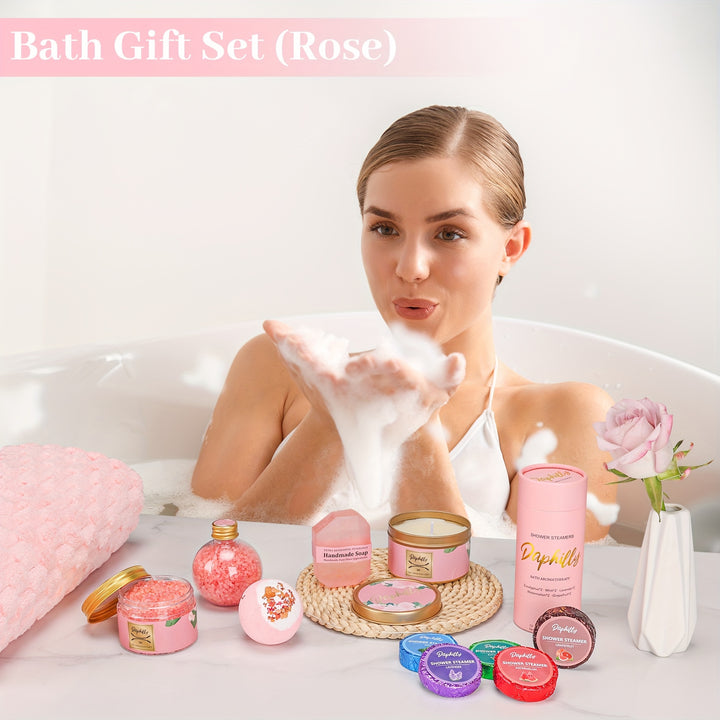 Luxury Rose-Scented Spa Gift Set for Women - Perfect for Birthdays, Christmas & Special Occasions | Includes Candle, Bath Bomb, Soap, Salts, Blanket & Shower Steamers | Hypoallergenic, All Skin Types
