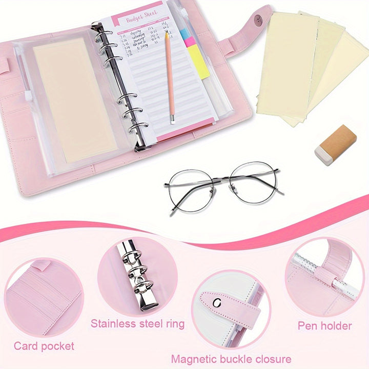 Multifunctional A6 Budget Binder With 12 Clear Zip Pockets And 12 Budget Sheets PU Cash Envelopes Portable Envelopes Organizer For Budgeting And Money Saving - Total Trends Fusion