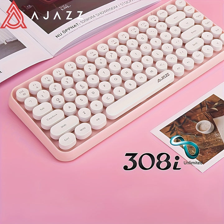 AJAZZ NACODEX 84 Keys Pink Wireless Keyboard With Cute Retro Round Keycaps, Comfortable Ergonomic Typewriter Keyboard Compatible With Android Windows IOS Suitable For Home And Office Keyboards - Total Trends Fusion