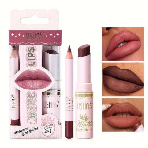Ushas, 1Set, Long-Lasting Matte Nude Lipsticks With Lip Liner - Waterproof, 12 Shades, Makeup Essentials For Daily Wear, All Skin Types - Long-Lasting, Hydrating, And Nourishing Lip Care For Women - Total Trends Fusion