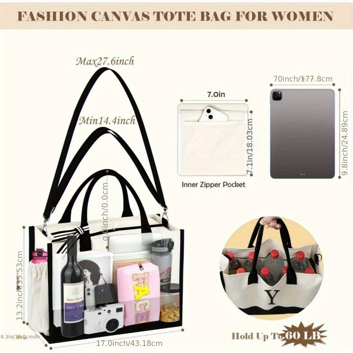 Gifts for Women - Initial Canvas Tote Bag with Makeup Bag, Personalized Monogrammed Gift Tote with Strap, Reusable Grocery Bags, Gifts for Mom Sister Friends Teachers Letter A - Total Trends Fusion