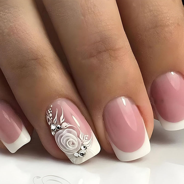 French Tip Press on Nails Short Square Fake Nails with Leopard Print French Bow Designs Nude Glue on Nails Press Ons Glossy False Nails Reusable Cute Stick on Nails for Women 24 Pcs