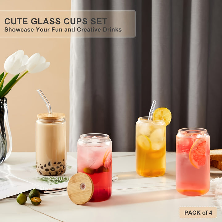 4pcs Glass Cups With Lids And Straws, 16OZ Beer Can Shaped Drinking Glasses Set, Iced Coffee Cup, Glass Tumbler With 1 Cleaning Brush, Ideal For Cocktail, Whiskey, Tea - Total Trends Fusion