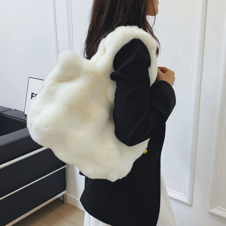 Chic White Faux Fur Shoulder Bag for Women - Spacious & Versatile, Magnetic Closure, Perfect for School & Shopping