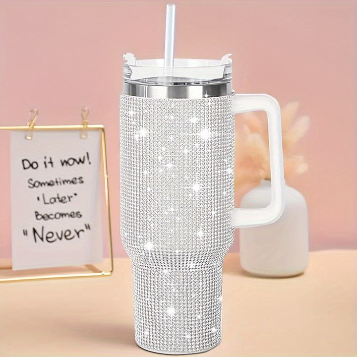 40oz Stainless Steel Glitter Tumbler - Rhinestone Decor, Flat Bottom Cup, Sparkly Gift for Women, Reusable, Hand Wash Only, Modern Design, Skinny Tumbler with Straw and Handle - Total Trends Fusion