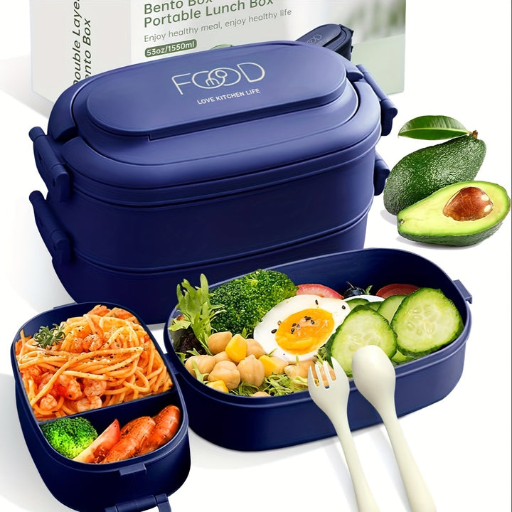 Bento Box Adults Lunch Box: Stackable Lunchbox w/Utensils, Leak-Proof Portable Lunch Container w/Divided Compartments, 1550ml Microwave Safe Lunch Box for Work, Outdoors - Total Trends Fusion