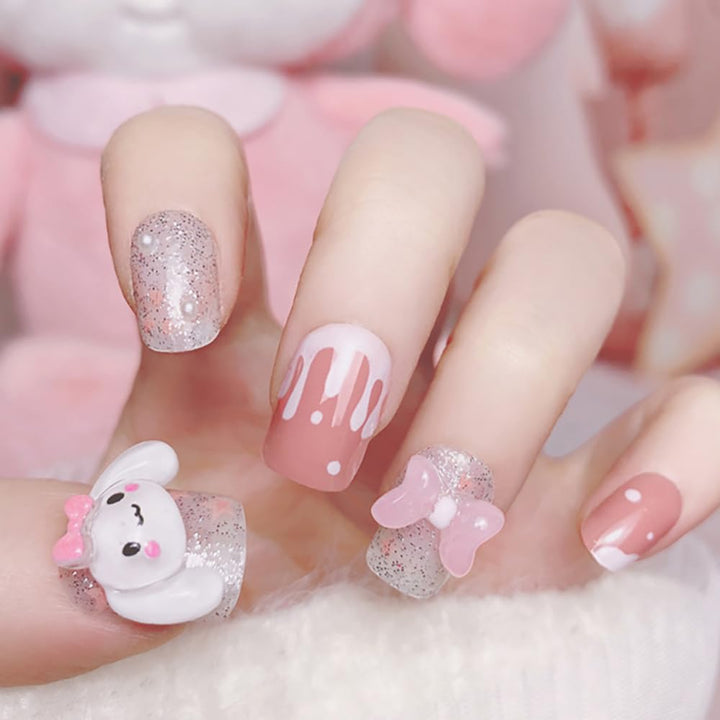24Pcs Pink Coffin Nails Press on Nails Long Coffin Fake Nails with 3D Heart Pearl Star Nail Charms Design Nail Gems Diamond Pink Acrylic Nails Supply Full Cover False Nails Stick on Nails for Women