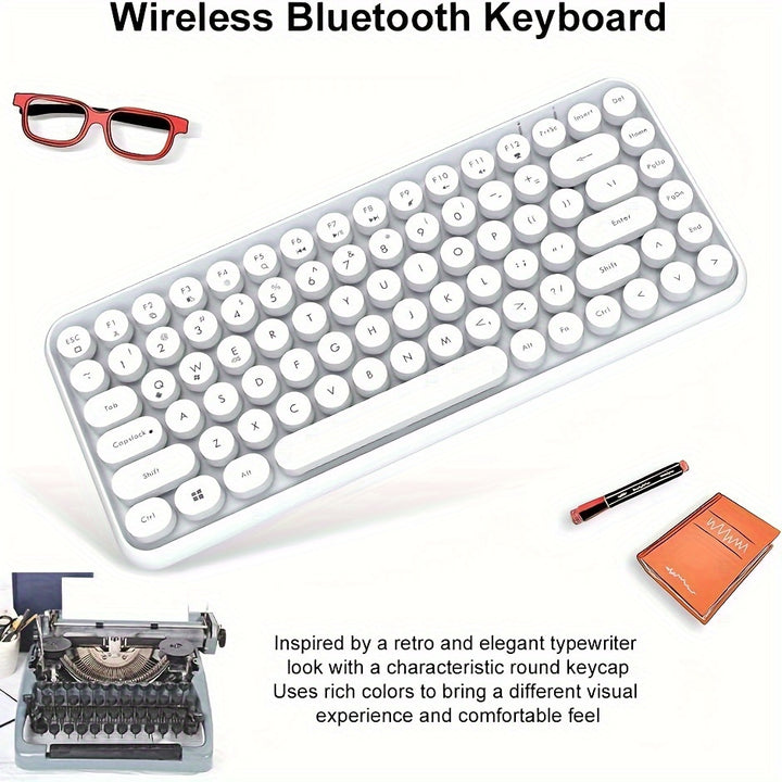 AJAZZ NACODEX 84 Keys Pink Wireless Keyboard With Cute Retro Round Keycaps, Comfortable Ergonomic Typewriter Keyboard Compatible With Android Windows IOS Suitable For Home And Office Keyboards - Total Trends Fusion