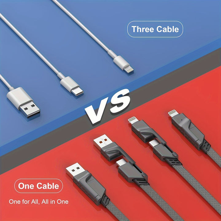 4-In-1 Usb-C Charging & Data Cable, 59" High-Speed Braided Cord With Multi-Connector Heads For Iphone, For Ipad, And For SamSung Galaxy - Supports Power Delivery Up To 120W - Total Trends Fusion