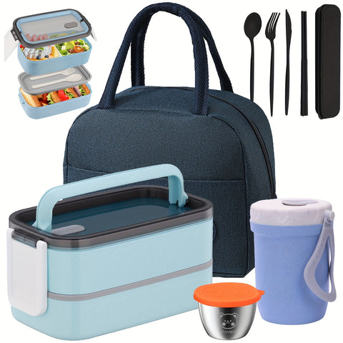 60oz 2 layers Multi grid Lunch Box with Sauce Box, Soup Cup, Cutlery, and Insulated Bag. Lunch Box Set. - Total Trends Fusion