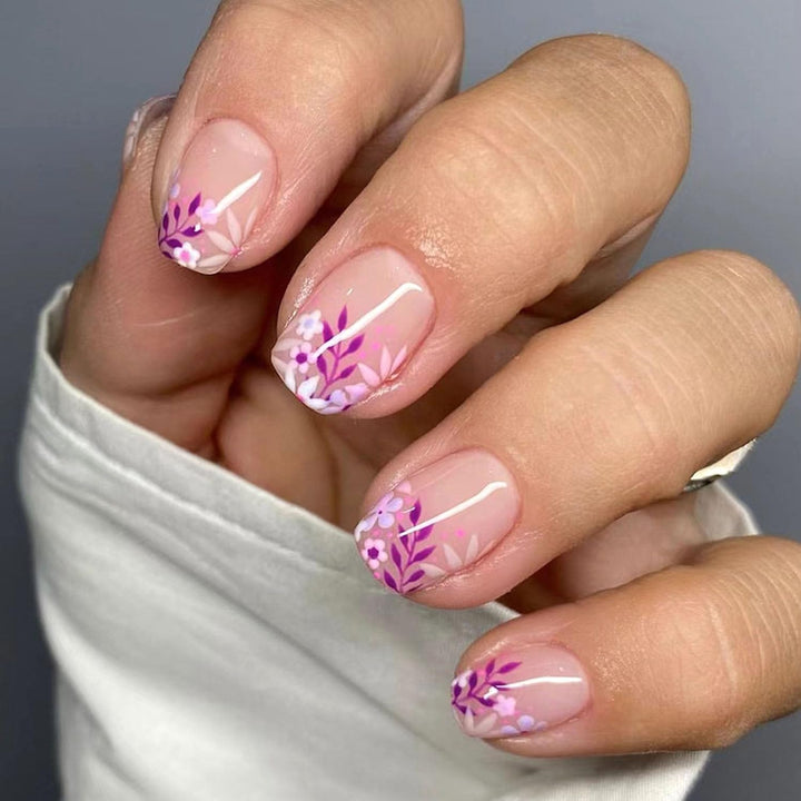 French Tip Press on Nails Short Square Fake Nails with Leopard Print French Bow Designs Nude Glue on Nails Press Ons Glossy False Nails Reusable Cute Stick on Nails for Women 24 Pcs