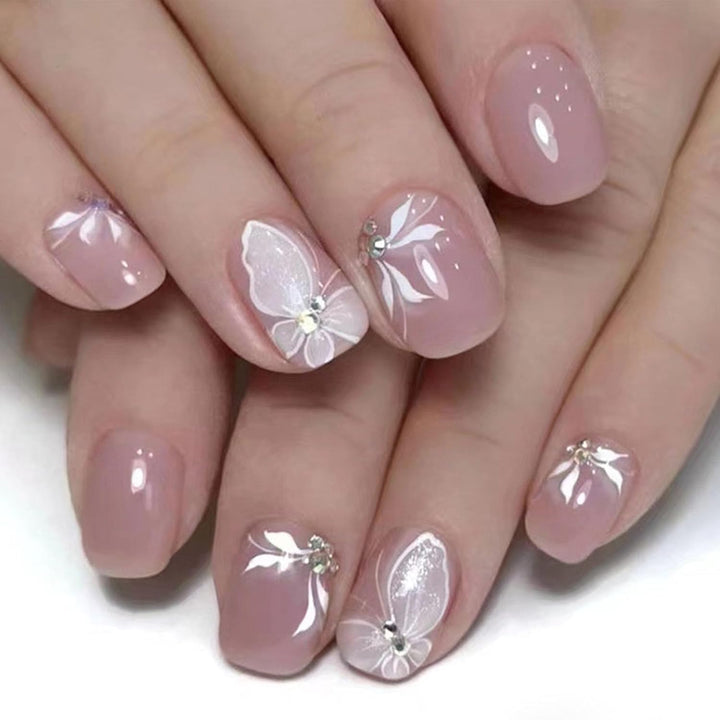 French Tip Press on Nails Short Square Fake Nails with Leopard Print French Bow Designs Nude Glue on Nails Press Ons Glossy False Nails Reusable Cute Stick on Nails for Women 24 Pcs
