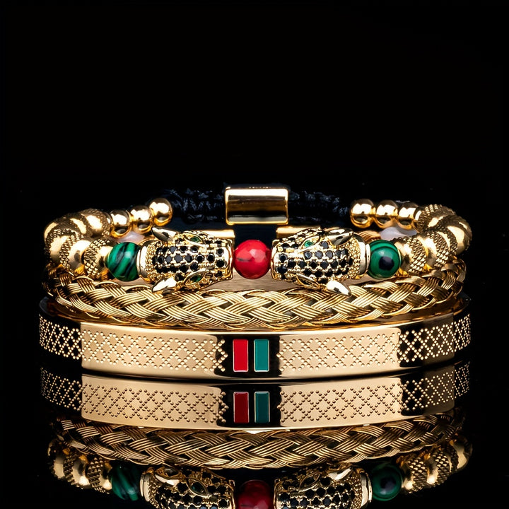 1pc Double Leopard Head Enamel Green Red Bracelet, Stainless Steel Bracelet Bangle, For Men Women - Total Trends Fusion