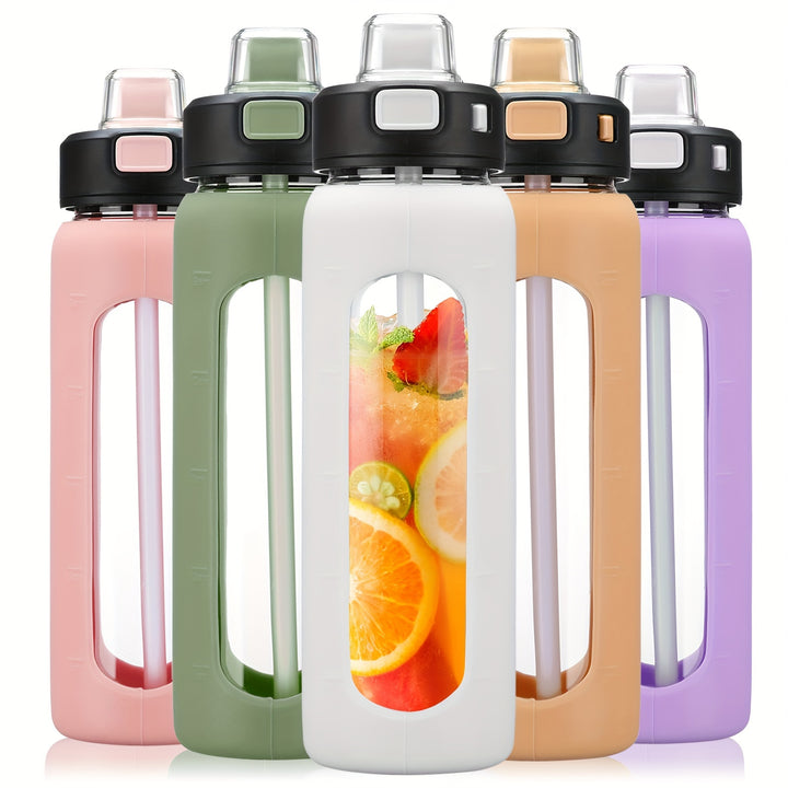 MUKOKO 24oz Glass Water Bottle With Straw, Motivational Water Bottles With Time Marker And Silicone Sleeve, Glass Bottle With Locking Lid And Carry Loop - Total Trends Fusion