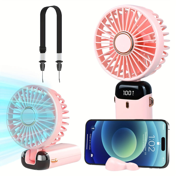 Portable Mini Handheld Fan - 5000mAh USB Rechargeable, Touch Control, 5-Speed Foldable Fan, LED Display, For Home, Office, Outdoor Hand Held/Desk/Neck Fan 3 In 1 Mini Fan With Base - Total Trends Fusion