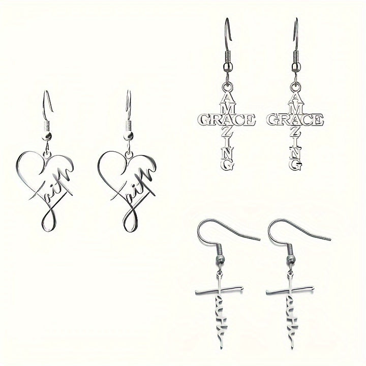 3 Pairs Stainless Steel Amazing Grace Shaped Hook Dangle Earrings, Unisex Jewelry for Daily Accessories and Chic Gifts