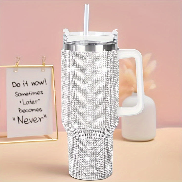 40oz Stainless Steel Glitter Tumbler - Rhinestone Decor, Flat Bottom Cup, Sparkly Gift for Women, Reusable, Hand Wash Only, Modern Design, Skinny Tumbler with Straw and Handle - Total Trends Fusion