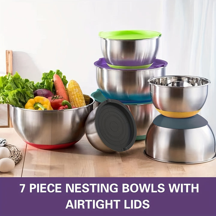 Bowls With Airtight Lids, 20 Piece Stainless Steel Metal Nesting Bowls, Non-Slip Colorful Silicone Bottom, Size 7, 3.5, 2.5, 2.0, 1.5, 1, 0.67QT, Great For Mixing, Baking, Serving - Total Trends Fusion