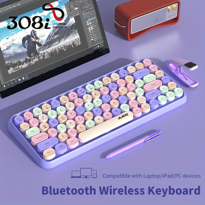 AJAZZ NACODEX 84 Keys Pink Wireless Keyboard With Cute Retro Round Keycaps, Comfortable Ergonomic Typewriter Keyboard Compatible With Android Windows IOS Suitable For Home And Office Keyboards - Total Trends Fusion